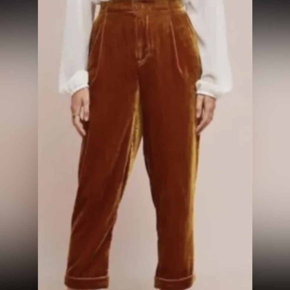 Anthropologie Ett Twa Colia Gold Velvet Cropped Cuffed Trouser Pants
